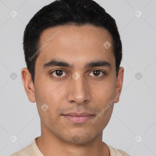 Neutral latino young-adult male with short  black hair and brown eyes