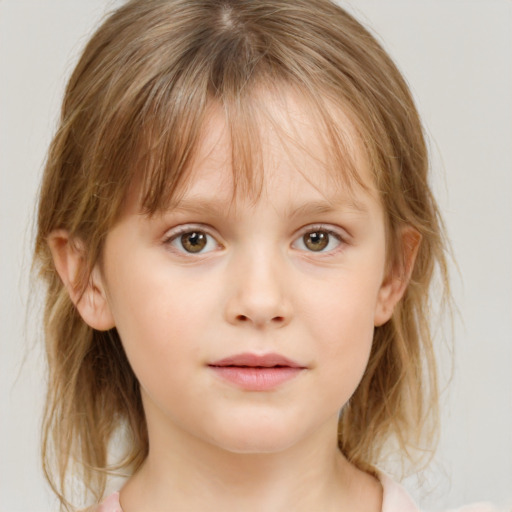 Neutral white child female with medium  brown hair and blue eyes