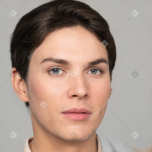 Neutral white young-adult male with short  brown hair and grey eyes