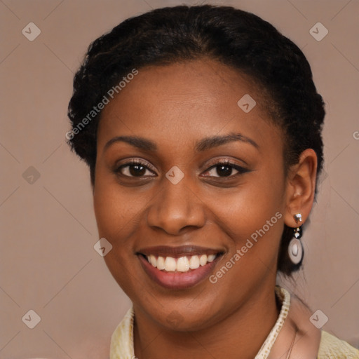 Joyful latino young-adult female with short  black hair and brown eyes