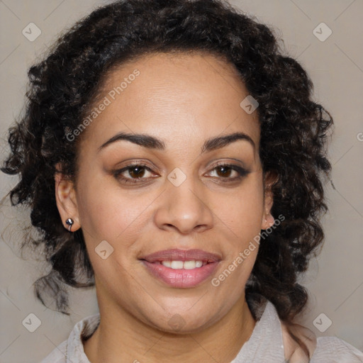 Joyful black young-adult female with medium  brown hair and brown eyes