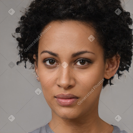 Neutral latino young-adult female with short  black hair and brown eyes