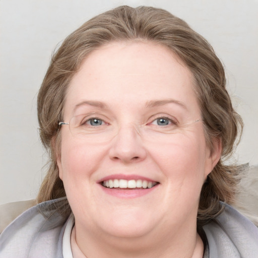 Joyful white adult female with medium  brown hair and blue eyes