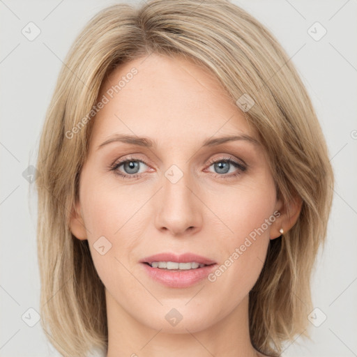 Joyful white young-adult female with medium  brown hair and blue eyes