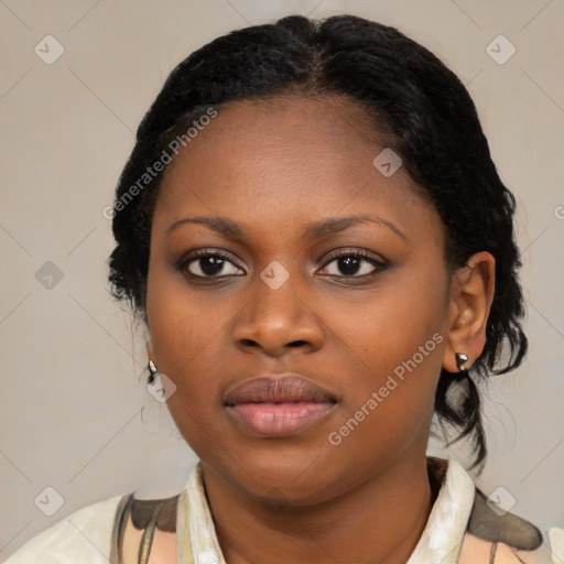 Joyful latino young-adult female with medium  black hair and brown eyes