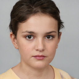 Neutral white young-adult female with short  brown hair and brown eyes