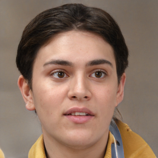 Joyful white young-adult female with short  brown hair and brown eyes