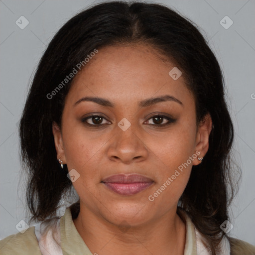 Joyful black young-adult female with medium  brown hair and brown eyes