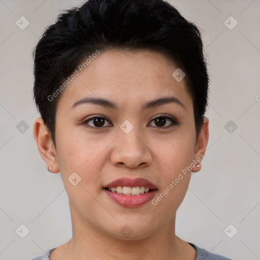 Joyful asian young-adult female with short  brown hair and brown eyes