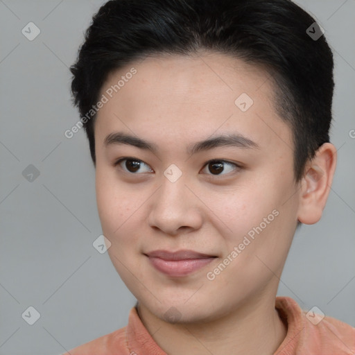 Joyful white young-adult female with short  brown hair and brown eyes