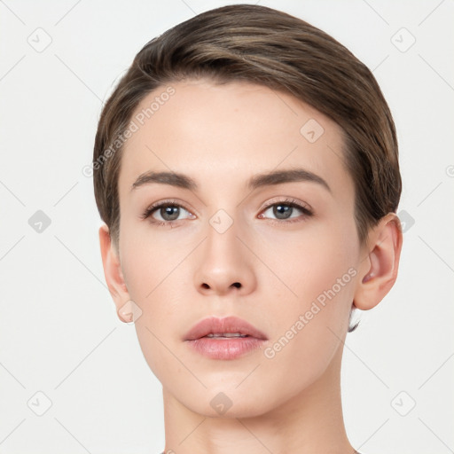 Neutral white young-adult female with short  brown hair and brown eyes