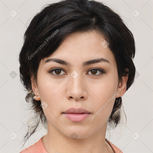 Neutral asian young-adult female with medium  brown hair and brown eyes