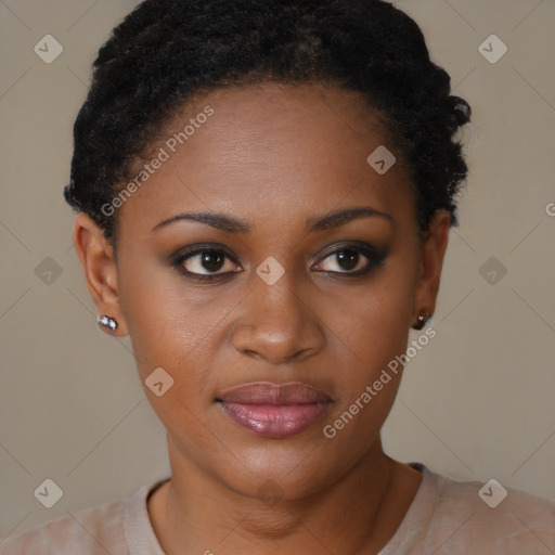 Joyful black young-adult female with short  black hair and brown eyes