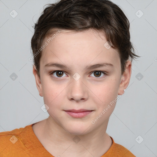 Joyful white child female with short  brown hair and brown eyes