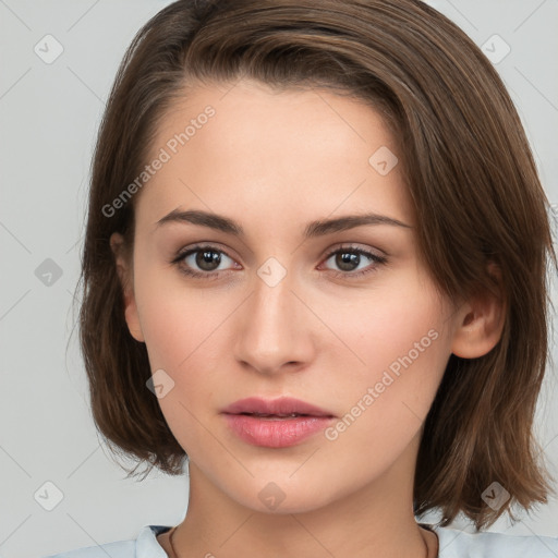 Neutral white young-adult female with medium  brown hair and brown eyes