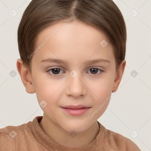 Joyful white child female with short  brown hair and brown eyes