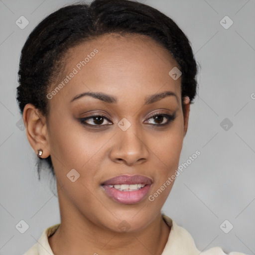 Joyful latino young-adult female with short  brown hair and brown eyes