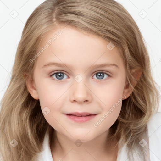 Joyful white child female with medium  brown hair and blue eyes