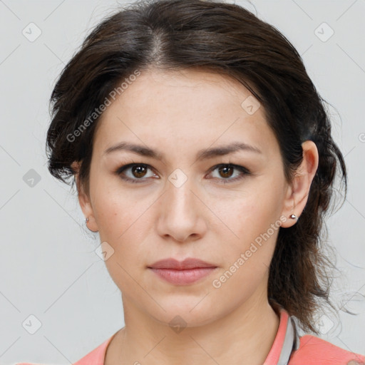 Neutral white young-adult female with medium  brown hair and brown eyes