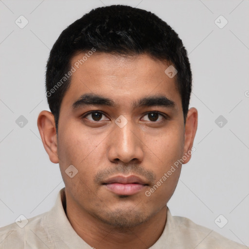 Neutral asian young-adult male with short  black hair and brown eyes