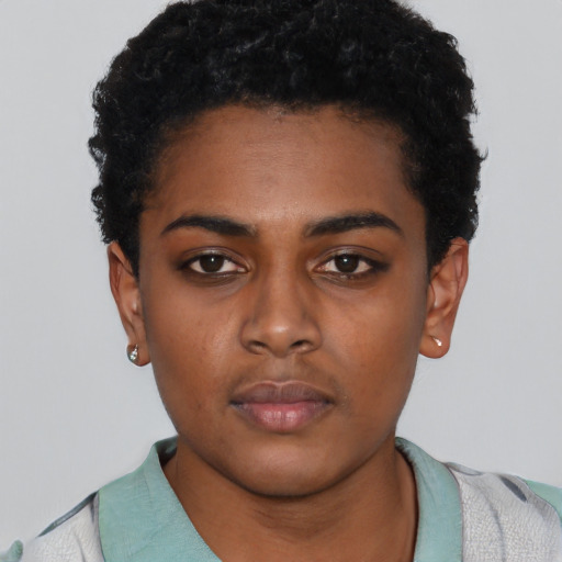 Neutral black young-adult female with short  black hair and brown eyes