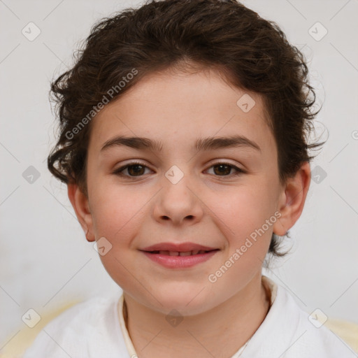 Joyful white child female with short  brown hair and brown eyes