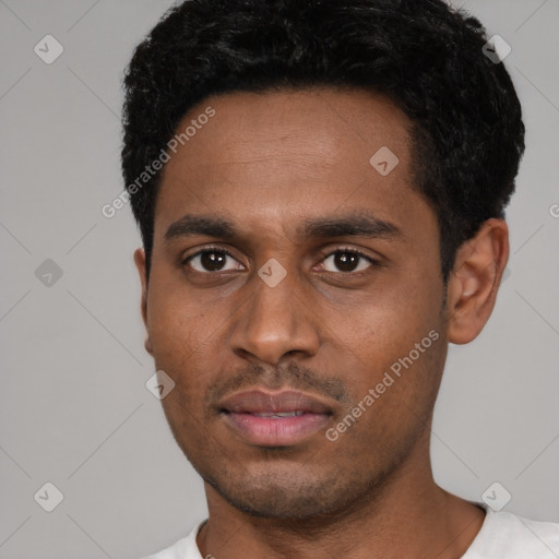 Neutral latino young-adult male with short  black hair and brown eyes
