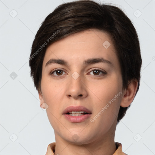 Neutral white young-adult female with short  brown hair and brown eyes