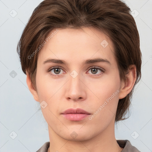 Neutral white young-adult female with short  brown hair and brown eyes