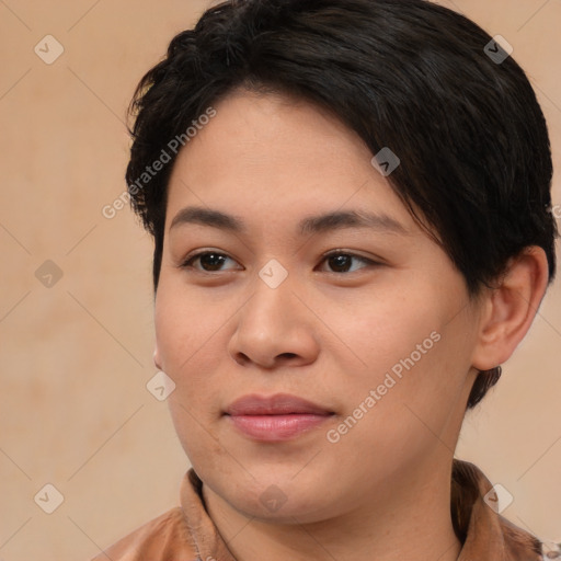 Joyful asian young-adult female with short  brown hair and brown eyes