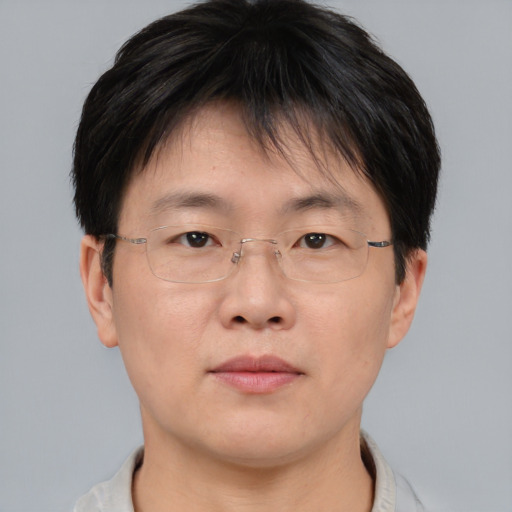 Neutral asian adult male with short  brown hair and brown eyes