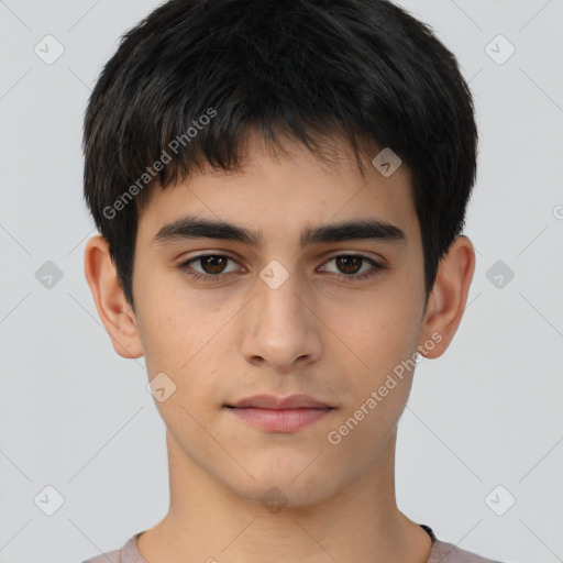 Neutral asian young-adult male with short  brown hair and brown eyes