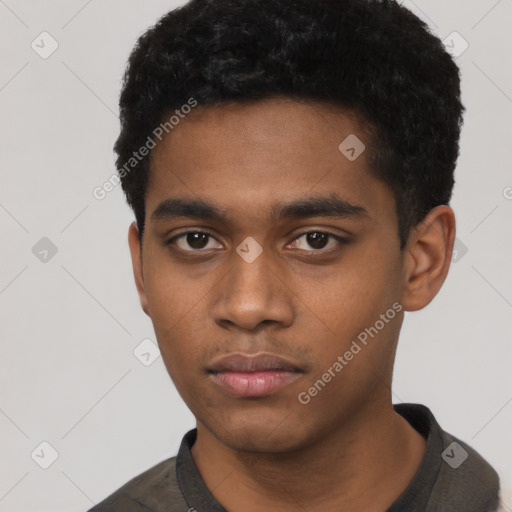 Neutral black young-adult male with short  black hair and brown eyes