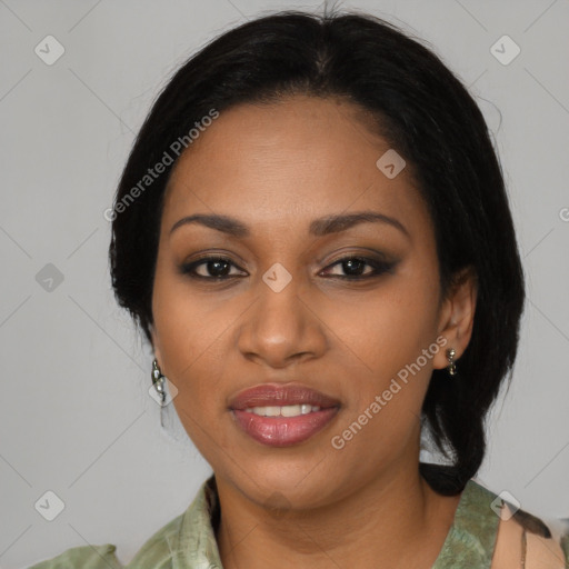 Joyful black young-adult female with medium  brown hair and brown eyes