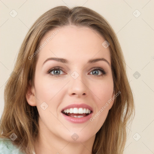 Joyful white young-adult female with medium  brown hair and green eyes