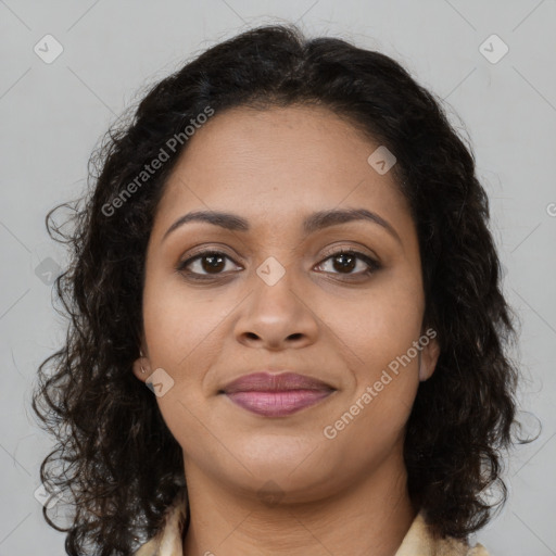 Joyful latino young-adult female with long  brown hair and brown eyes