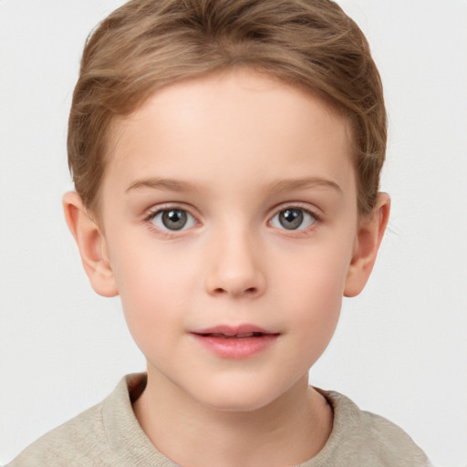 Neutral white child female with short  brown hair and grey eyes