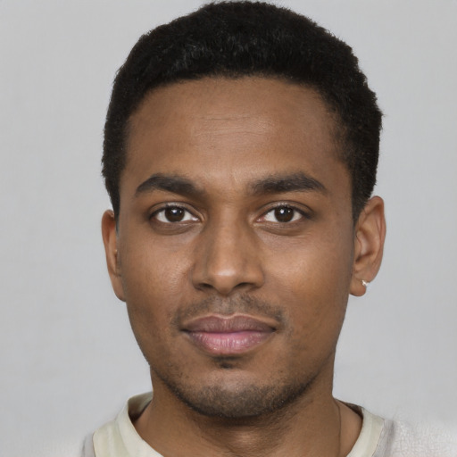 Neutral black young-adult male with short  black hair and brown eyes