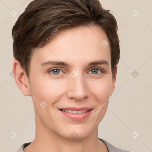 Joyful white young-adult female with short  brown hair and grey eyes