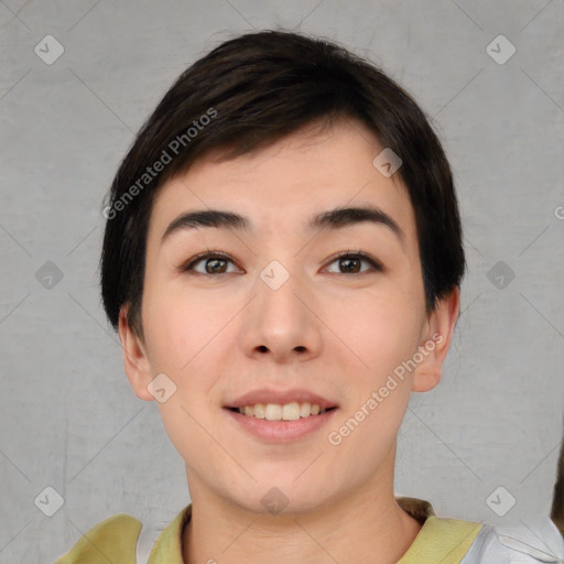 Joyful white young-adult female with short  black hair and brown eyes