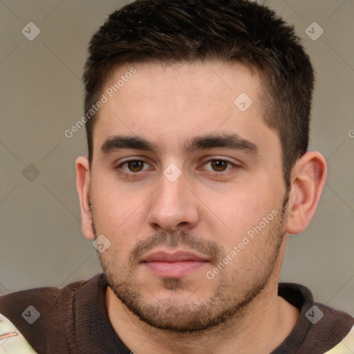 Neutral white young-adult male with short  brown hair and brown eyes