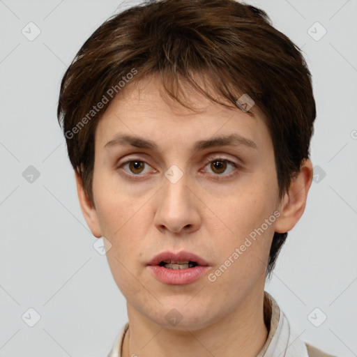 Neutral white young-adult female with short  brown hair and brown eyes