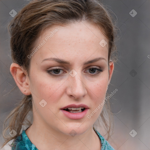 Joyful white young-adult female with medium  brown hair and blue eyes