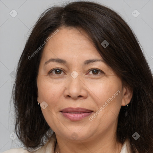 Joyful white adult female with medium  brown hair and brown eyes