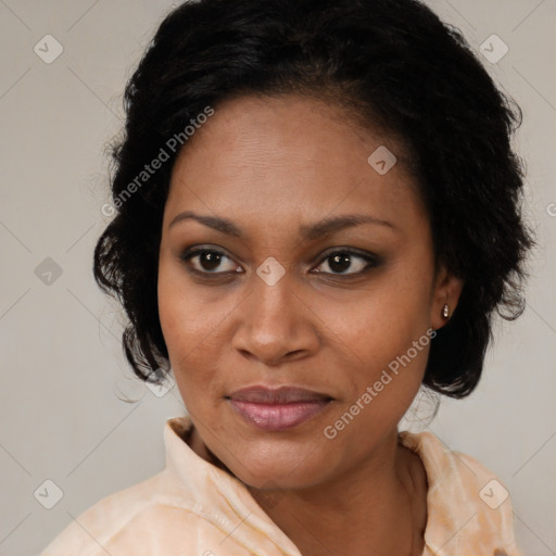 Joyful black young-adult female with medium  brown hair and brown eyes