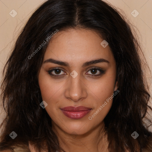 Joyful latino young-adult female with long  brown hair and brown eyes