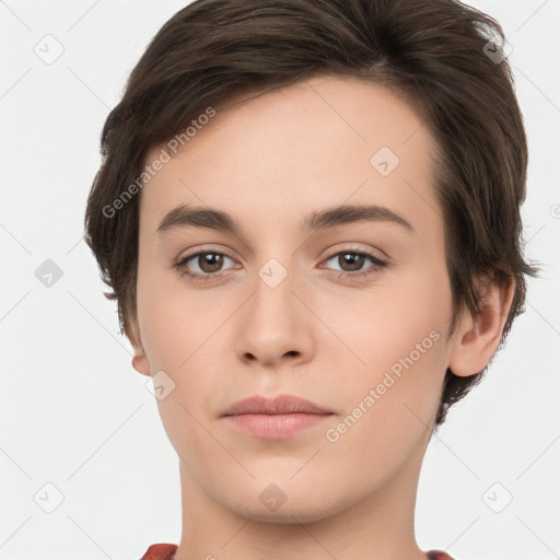 Neutral white young-adult female with short  brown hair and brown eyes