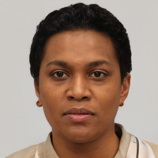 Neutral black young-adult female with short  black hair and brown eyes