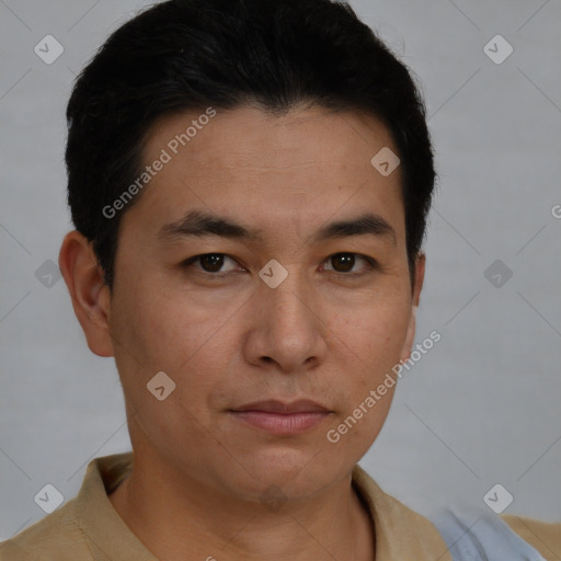 Neutral asian young-adult male with short  brown hair and brown eyes