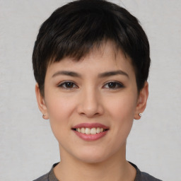 Joyful asian young-adult female with short  brown hair and brown eyes